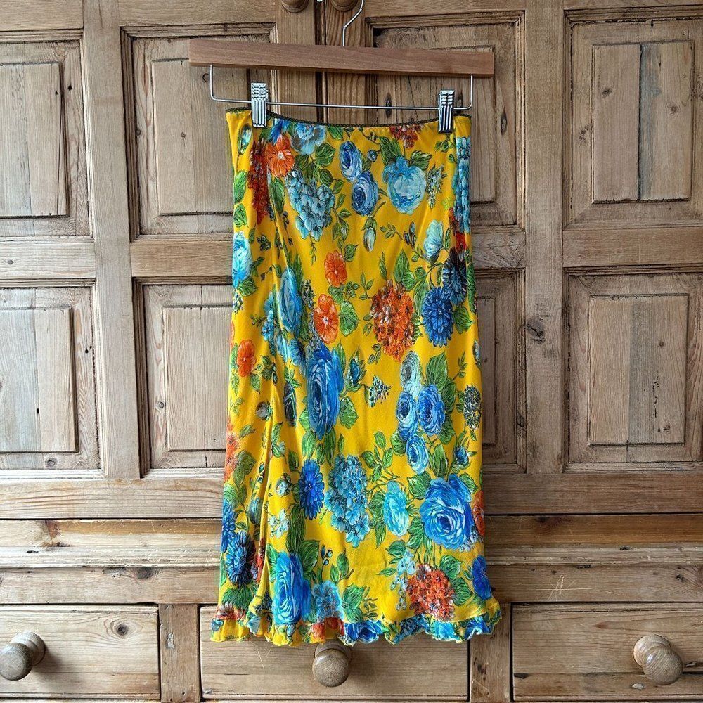 Toupy Paris Floral Yellow Blue Floral Midi Skirt Pencil Pull On Womens Size‎ XS